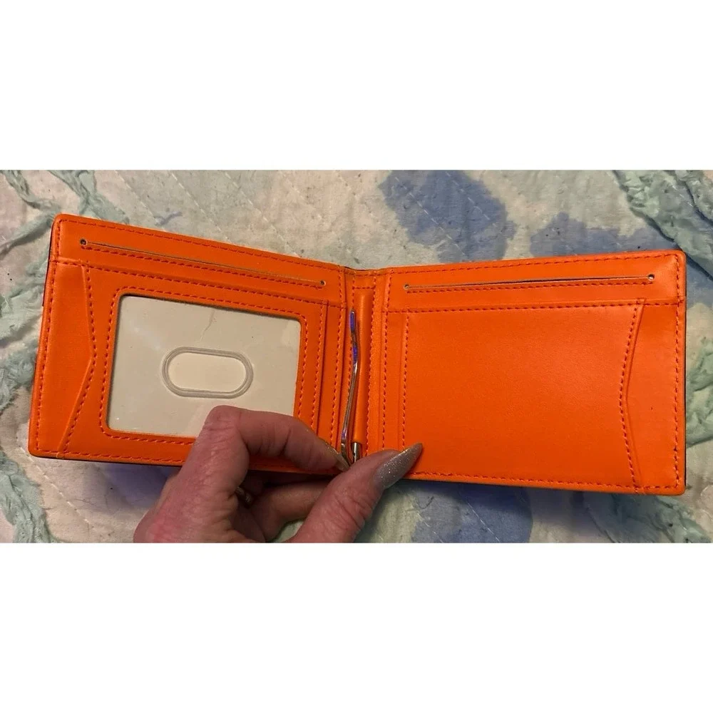 NEW Men's Minimalist Slim Black Carbon Fiber‎ & Orange Wallet w/ Money Clip